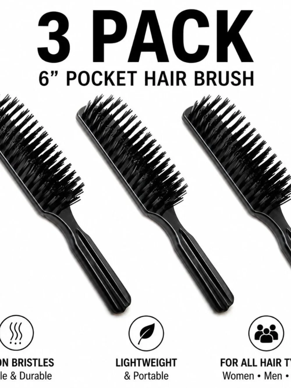 3 Pack Pocket Bristle Hair Brush with Nylon Bristles, 6 Inch Travel Hair Brush f